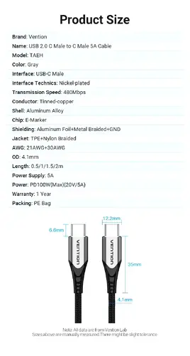 Vention Кабел USB 2.0 Type-C to Type-C - 1.0M Black 5A Fast Charge - TAEHF - image 10