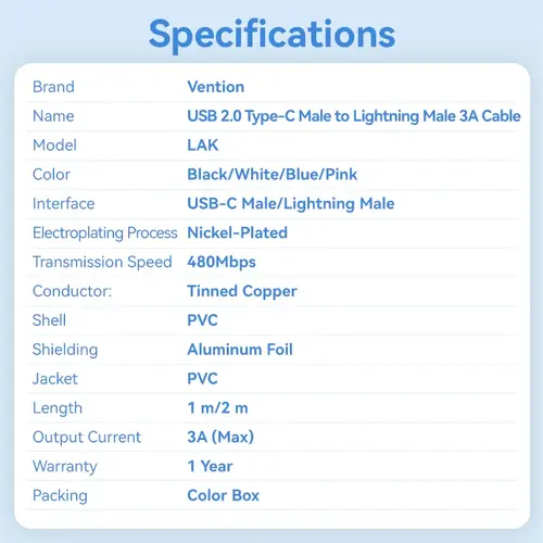 Vention кабел Cable USB 2.0 Type-C to Lighting 1m White - LAKWF - image 12