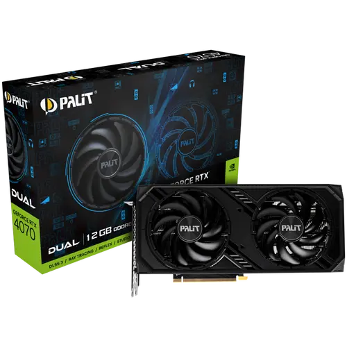 Palit RTX 4070 Dual 12GB GDDR6, 192 bit, 1x HDMI 2.1a, 3x DP 1.4a, 2 Fan, 1x 8-pin Power connector, recommended PSU 750W, NE64070019K9-1048D.