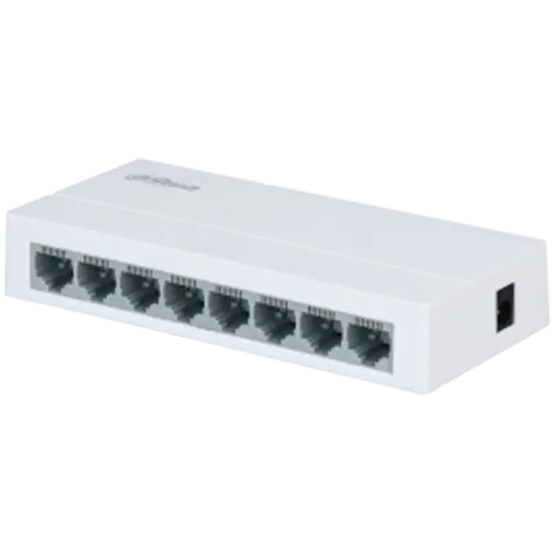 Dahua 8-port Fast ethernet 10/100, Layer 2 Switch, Switching Capacity 1.6 GB/s, MAC Table Size 1K. IEEE 802.3, IEEE 802.3u, IEEE 802.3ab, IEEE802.3x, 1.5W