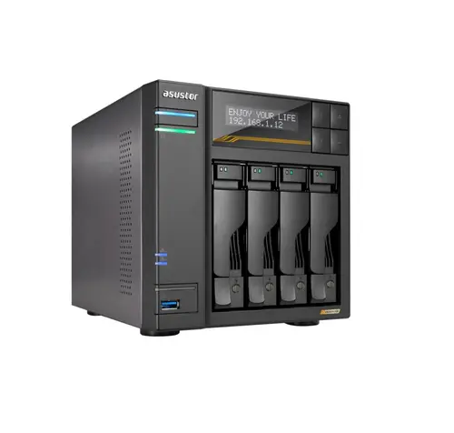 Мрежов сторидж, Asustor Lockerstor 4 Gen3 AS6804T 4 Bay NAS, AMD Ryzen Embedded Quad-Core 2.3GHz (burst up to 3.8GHz), Dual USB 4 Ports, Dual 10GbE Ports, Dual 5GbE Ports, 16G ECC RAM DDR5 (Max. 64GB) 4x M.2 SSD Slots (Diskless), 2 x Type C, Black
