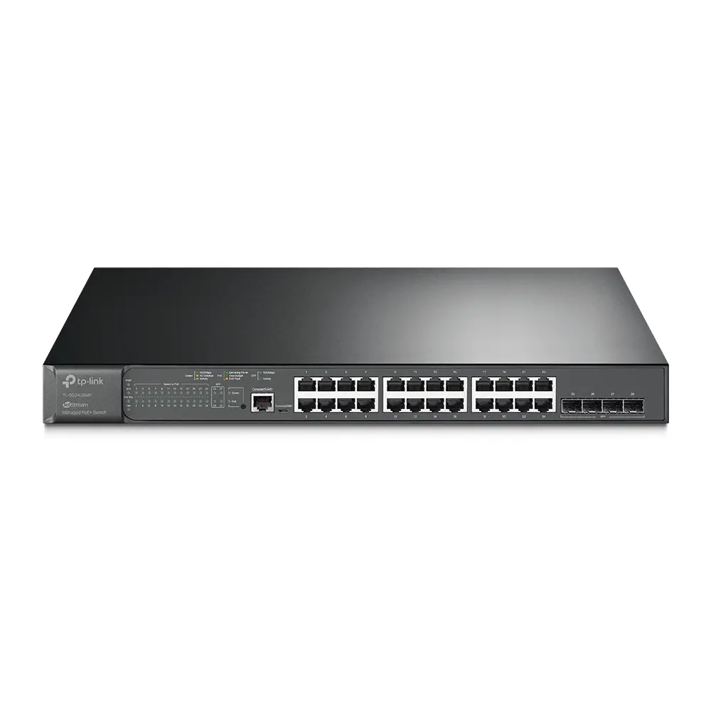 TP-Link SG3428MP Omada Switch gestionat Gigabit L2+ cu 28 de porturi, cu 24× porturi Gigabit 802.3af/at PoE+ și 4× sloturi Gigabit SFP, buget total