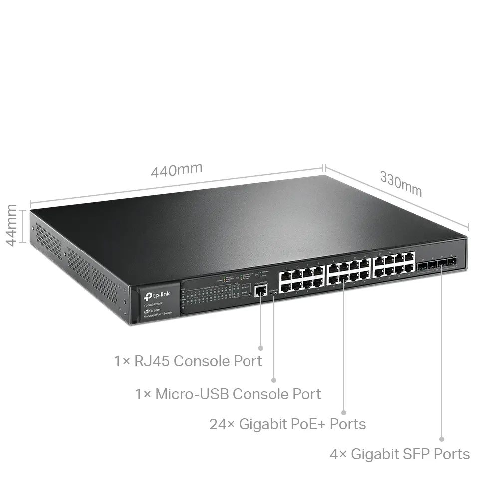 TP-Link SG3428MP Omada Switch gestionat Gigabit L2+ cu 28 de porturi, cu 24× porturi Gigabit 802.3af/at PoE+ și 4× sloturi Gigabit SFP, buget total - image 1