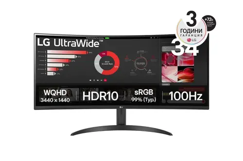 Монитор, LG 34WR50QK-B, 34" UltraWide Curved, AG, VA, 5ms, 1ms MBR, 3000:1, 300 cd/m2, 21:9, WQHD 3440x1440, HDR 10, sRGB 99%, FreeSync, 100 Hz, HDMI, DisplayPort, Tilt, Reader Mode, PBP, Headphone Out, Black