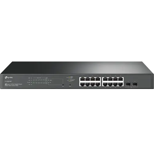 TP-Link SG2218P Omada 18-Port Gigabit Smart Switch with 16-Port PoE+, 16× Gigabit 802.3af/at PoE+ ports and 2× Gigabit SFP Slots, 150 W total PoE budget, Centralized cloud management via the web or the Omada app, Static Routing, VLAN, ACL, QoS, IGM