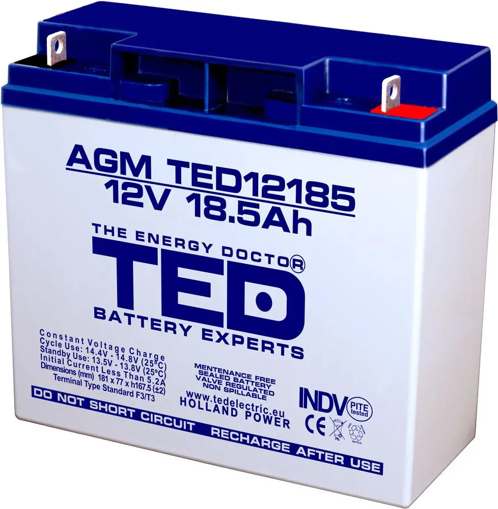 Baterie cu plumb TED ELECTRIC, 12V, 18.5Ah, 181/ 76/ 167 mm, AGM