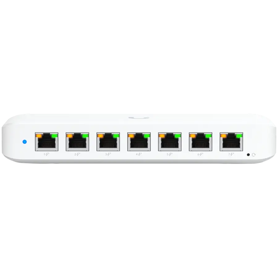 Ubiquiti USW-Ultra-210W-EU compact, Layer 2, 8-port GbE PoE switch with versatile mounting options, 7x GbE PoE+ output ports, GbE port with optional PoE++ input, 202W PoE availability with the included AC power adapter