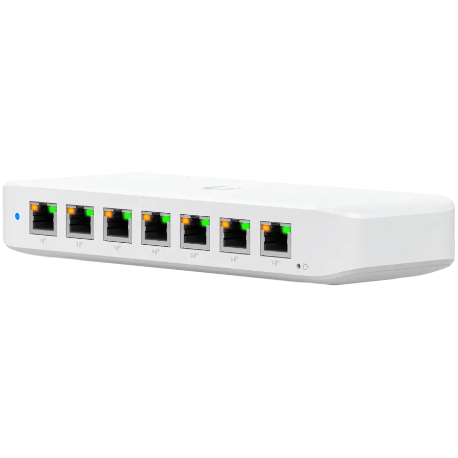 Ubiquiti USW-Ultra-210W-EU compact, Layer 2, 8-port GbE PoE switch with versatile mounting options, 7x GbE PoE+ output ports, GbE port with optional PoE++ input, 202W PoE availability with the included AC power adapter - image 1