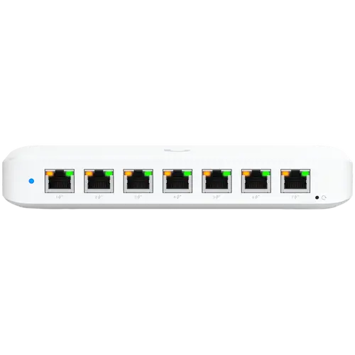 Ubiquiti USW-Ultra-210W-EU compact, Layer 2, 8-port GbE PoE switch with versatile mounting options, 7x GbE PoE+ output ports, GbE port with optional PoE++ input, 202W PoE availability with the included AC power adapter