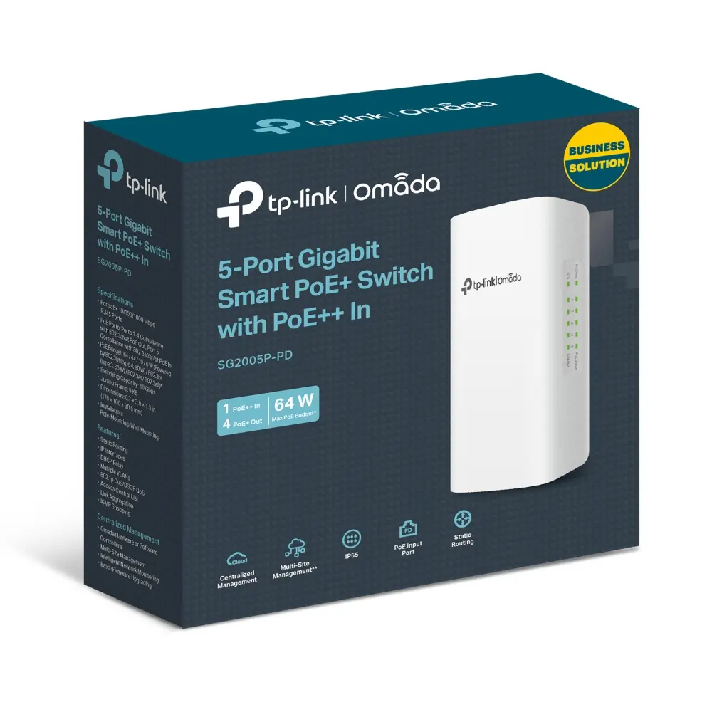 TP-Link SG2005P-PD Omada 5-Port Gigabit Smart Switch with 1-Port PoE++ In and 4-Port PoE+ Out, 1×Gigabit PoE++ input Ports, 4×Gigabit PoE+ output Ports, max 64 W PoE Power(90W PoE++ input),pole-mounting/wall-mounting,IP55,802.1Q VLAN,STP/RSTP/MSTP - image 6