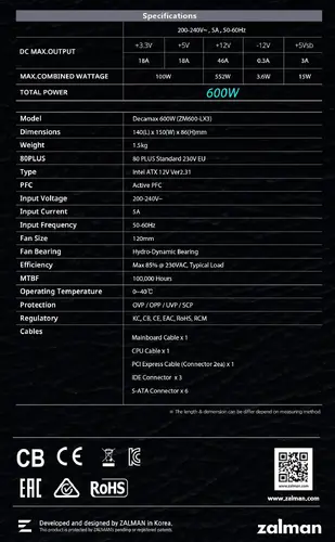 Zalman τροφοδοτικό PSU DecaMax 600W 80+ ZM600-LX3 - 13