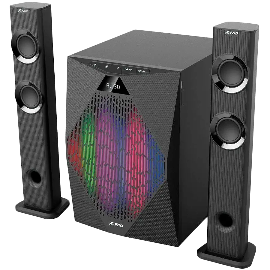 FENDA F&D T-300X 2.1 TV Speakers, 70W RMS (17.5Wx2+35W), 2x2.25'' Satellites (soundbar design) + 8'' Subwoofer, BT 4.0/AUX/USB/FM/Multi-color LED/LED Display/Remote control/Wooden/Black - image 1