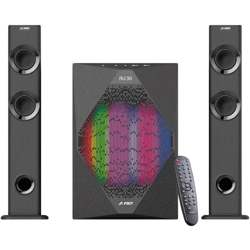 FENDA F&D T-300X 2.1 TV Speakers, 70W RMS (17.5Wx2+35W), 2x2.25'' Satellites (soundbar design) + 8'' Subwoofer, BT 4.0/AUX/USB/FM/Multi-color LED/LED Display/Remote control/Wooden/Black