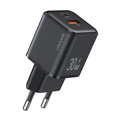 Бързо зарядно устройство Usams PD30W+QC3.0 A+C Dual-port, черен