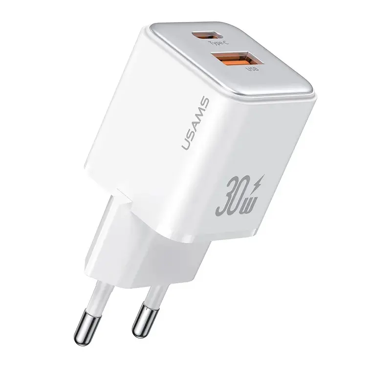 Γρήγορος φορτιστής Usams PD30W+QC3.0 A+C διπλής θύρας, λευκό