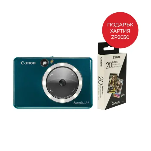 Фото принтер, Canon instant camera printer  Zoemini S2 ZV223, Teal + Zink Paper ZP-203020S 20 Sheets (5 x 7.6 cm)