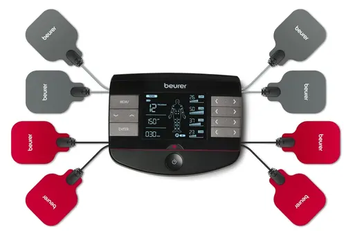 Масажор, Beurer EM 89 Heat Digital TENS/EMS device with heat function; 4-in-1 function: TENS, EMS, massage, heat; 4 separately adjustable channels with 8 self-adhesive electrodes; 64 pre-programmed applications Safety switch-off