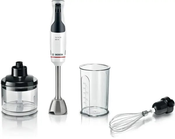 Пасатор, Bosch MSM4W421, SER4, Blender, ErgoMaster, 800 W, Dynamic Speed Control, QuattroBlade System, Included Blender, Chopper, Stainless steel whisk & Measuring cup, White