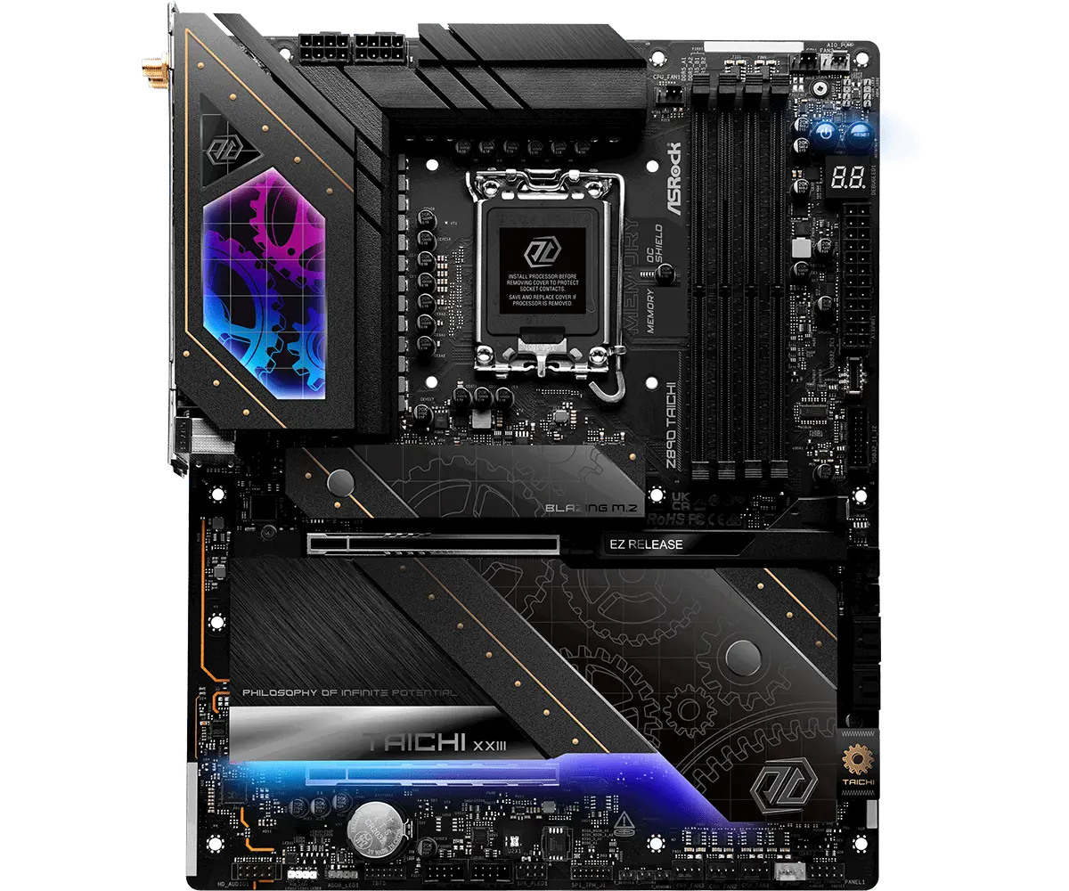 ASROCK MB Desktop Z890 Taichi, S1851, 4x DDR5, 1x PCIe 5.0 x16, 1x PCIe 4.0 x4, 1x Blazing M.2, 5x Hyper M.2, 4x SATA3, 3x USB-C, 12x USB 3.2, 6x USB 2.0, 2x RJ-45 2.5GB / 5GB Lan, 802.11ax Wi-Fi 7 + Bluetooth 5.4, 1x SPDIF, ATX