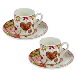 Комплект порцеланови чаши и чинийки за кафе- Сърце