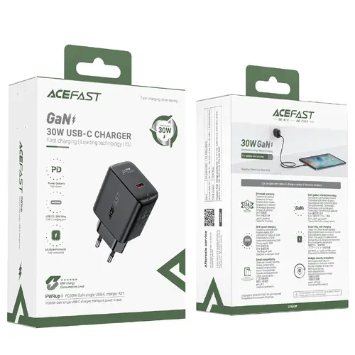 Acefast Универсално зарядно за стена Charger Wall GaN PD30W - A21 - USB-C x 1, Black - image 4