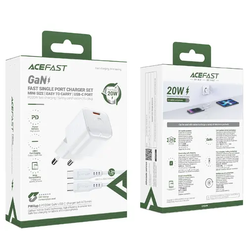 Acefast Универсално зарядно за стена Charger Wall GaN PD20W - A73 Mini with 1.2m cable - USB-C x 1, White - image 6