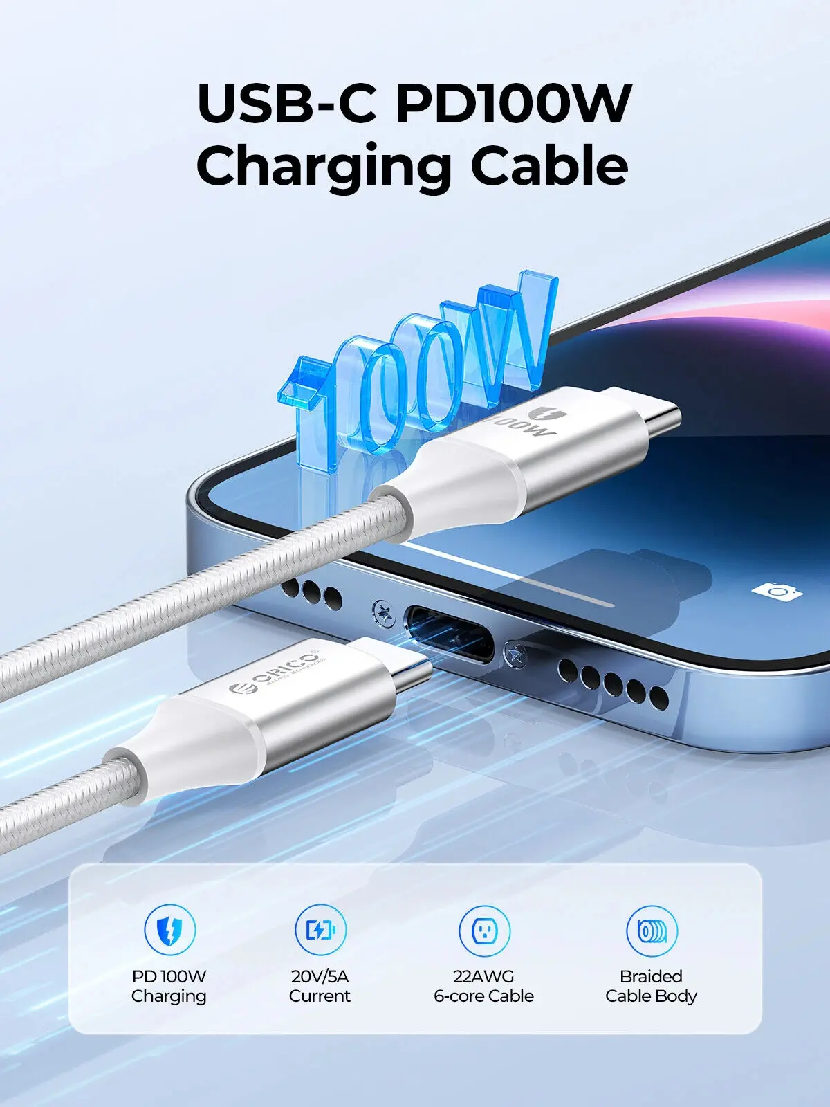 Orico καλώδιο USB C-to-C PD 100W φόρτισης 1.0m λευκό - CDX-100CC-WH - image 3