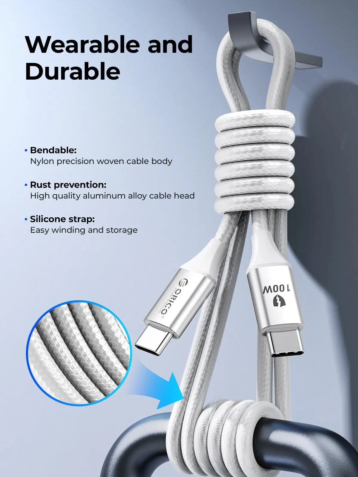 Orico καλώδιο USB C-to-C PD 100W φόρτισης 1.0m λευκό - CDX-100CC-WH - image 8