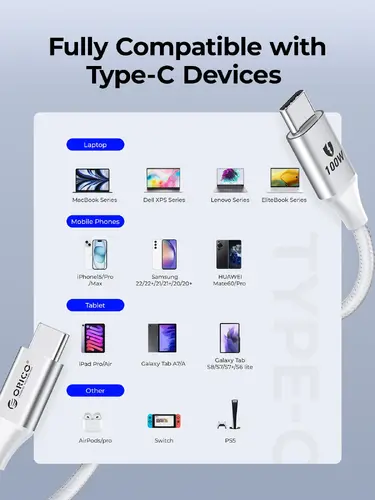 Orico кабел Cable USB C-to-C PD 100W Charging 1.0m White - CDX-100CC-WH - image 9
