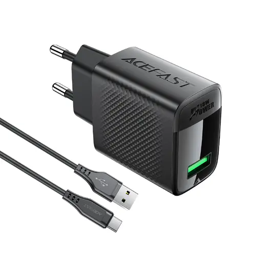 Acefast Универсално зарядно за стена Charger Wall GaN Quick Charge 18W - A90 with 1.2m cable - USB-A x 1, Black - image 1