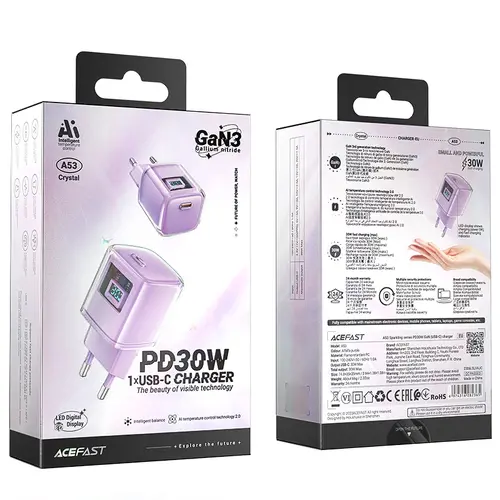 Acefast Универсално зарядно за стена Charger Wall GaN PD30W - A53 - USB-C x 1, Purple - image 6