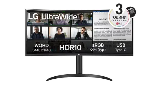 Монитор, LG 34WR55QK-B 34" UltraWide AG , Curved 21:9 VA Panel, 5ms, 3000:1, 300 cd/m2, WQHD 3440x1440, HDR10, sRGB 99% , USB type-C 65W , 100Hz, HDMI, DisplayPort, PBP, Height Adjustable, Tilt, Reader Mode, Headphone Out, Black