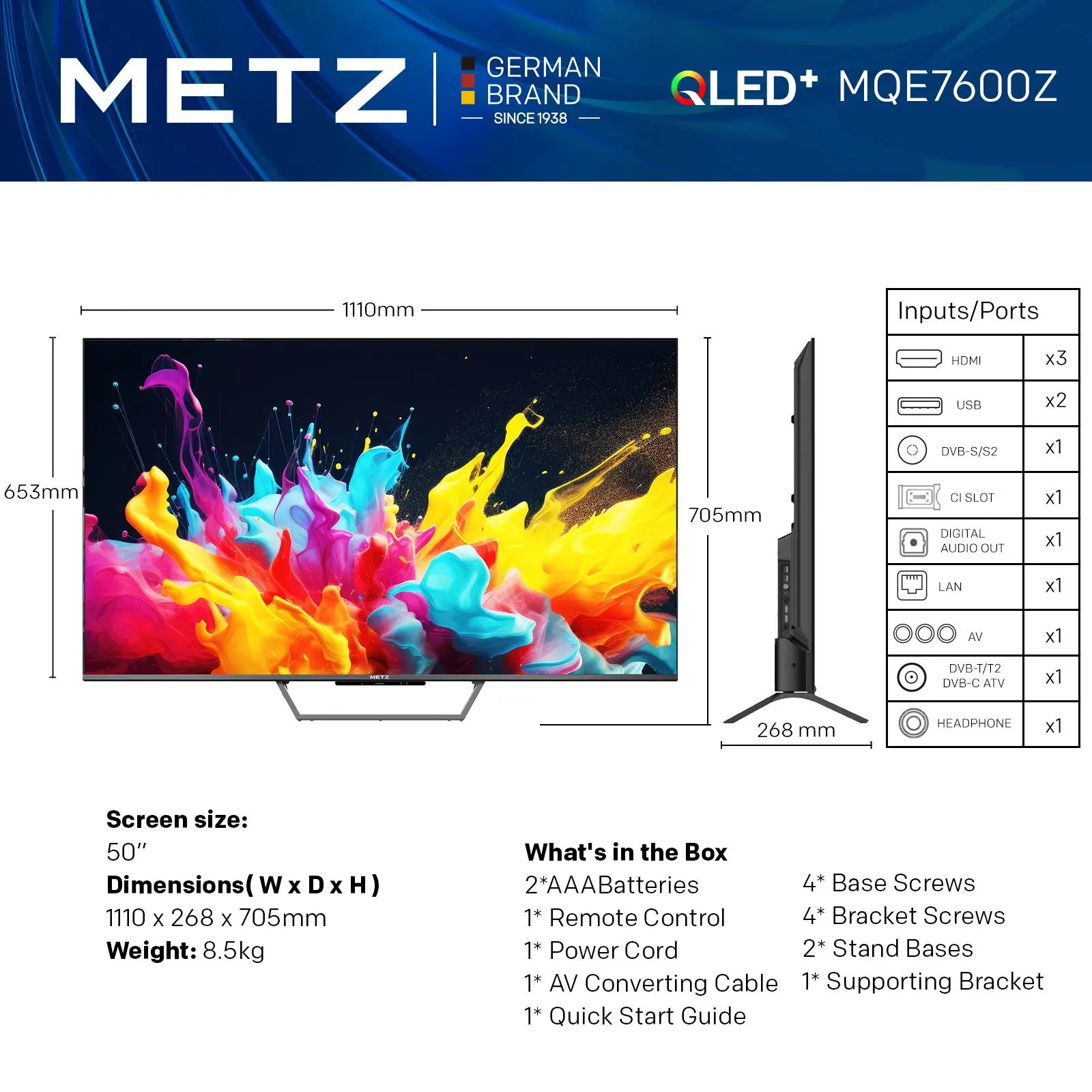 Телевизор METZ 50MQE7600Z, 50"(126 см), QLED+,Anti-Glare Google TV, 4K/UHD, 60Hz - image 1