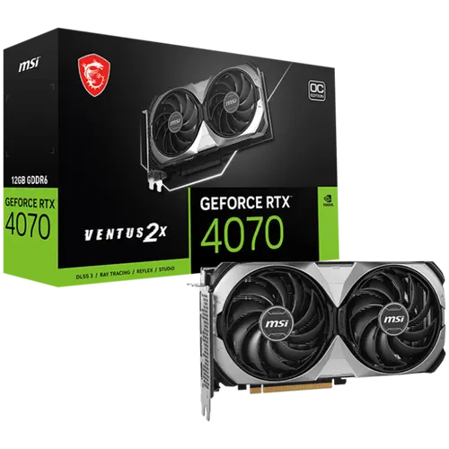 MSI Video Card Nvidia RTX 4070 VENTUS 2X E1 12G OC, 12GB GDDR6, 192bit, 20Gbps Memory speed, Boost: 2505 MHz, 5888 CUDA Cores, 3x DP 1.4a, HDMI 2.1a, RAY TRACING, Dual Fan, 1x 8pin, 650W Recommended PSU, 3Y