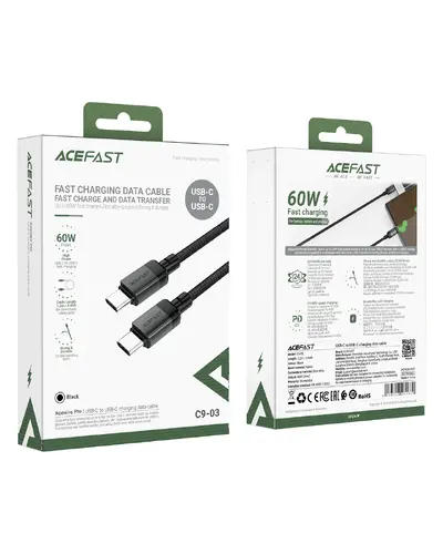 Acefast Кабел USB-C to USB-C Cable 60W Nylon Braided 1.20m  - C9-03 - Black - image 6