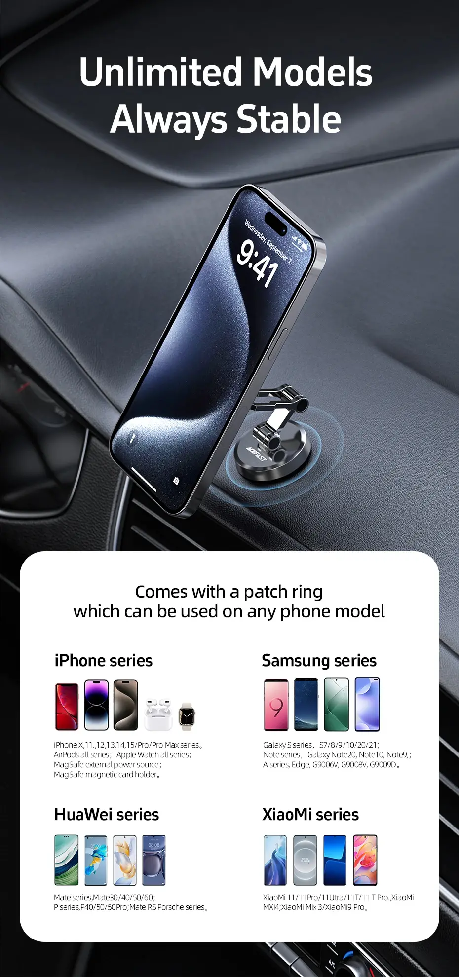 Acefast Стойка за телефон за кола Car phone holder - Metal, Magnetic Ring, 360 deg - D20 - Grey - image 7