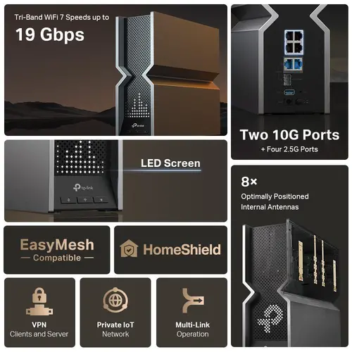 Безжичен рутер TP-Link Archer BE800,19 GbE WiFi7,4x2.5GbE,2x10GbE,1xSFP+,1xUSB 3 - image 6