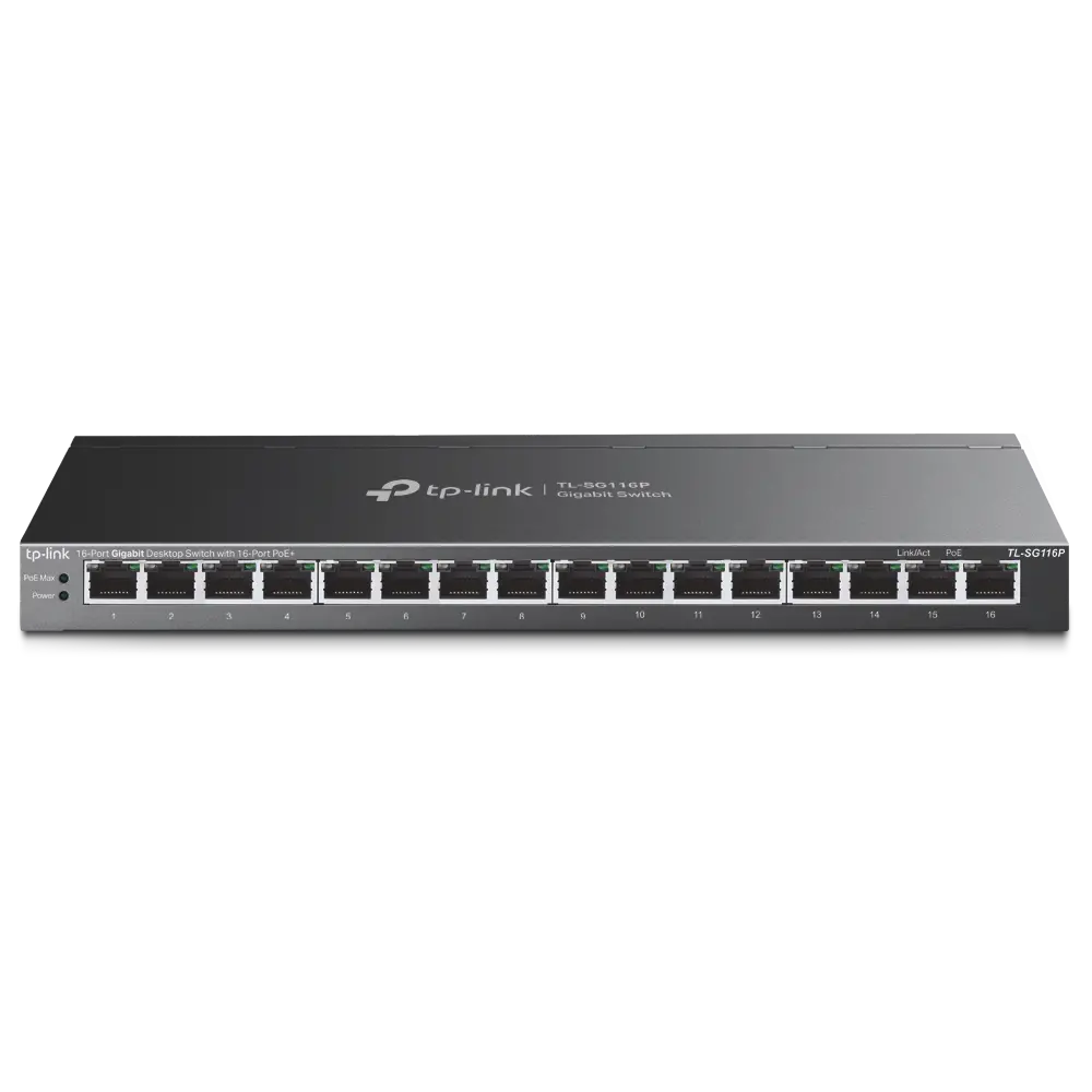 TP-Link TL-SG116P 16-Port Gigabit Desktop Switch with 16-Port PoE+, 802.3at/af, 120 W PoE Power, Desktop Steel Case, Extend Mode for 250m PoE Transmitting, Priority Mode for Port1-4, Isolation Mode, PoE Auto Recovery, Intelligent Power Management