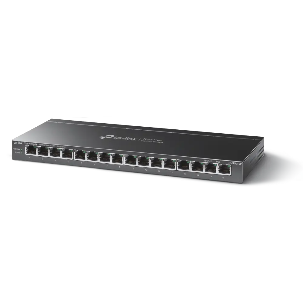 TP-Link TL-SG116P 16-Port Gigabit Desktop Switch with 16-Port PoE+, 802.3at/af, 120 W PoE Power, Desktop Steel Case, Extend Mode for 250m PoE Transmitting, Priority Mode for Port1-4, Isolation Mode, PoE Auto Recovery, Intelligent Power Management - image 1