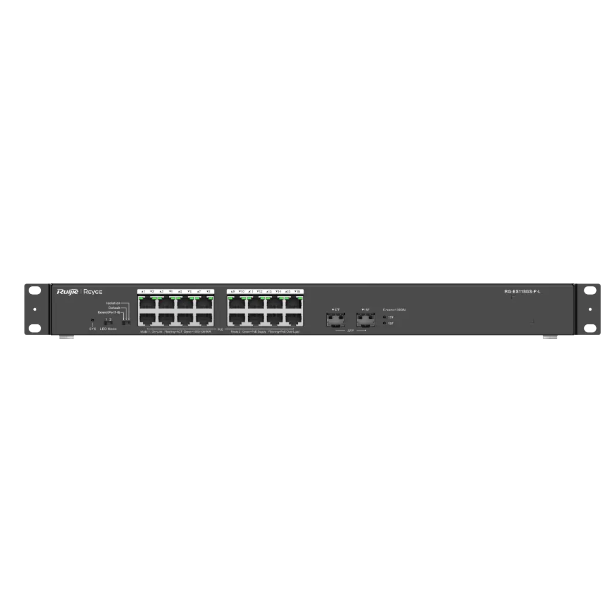Switch Ruijie RG-ES118GS-P-L, 16x GbE PoE+, 2x SFP, 247W, negestionabil