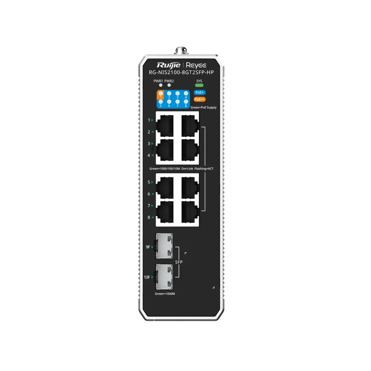 Комутатор Ruijie RG-NIS2100-8GT2SFP-HP,7xGb POE+,1xGb POE++,2xSFP,L2индустриален - image 1