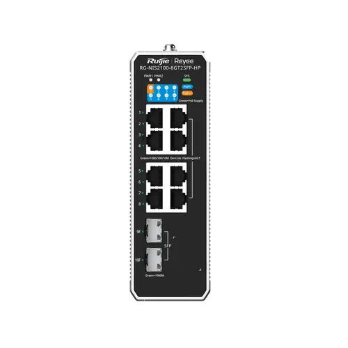Комутатор Ruijie RG-NIS2100-8GT2SFP-HP,7xGb POE+,1xGb POE++,2xSFP,L2индустриален - image 1