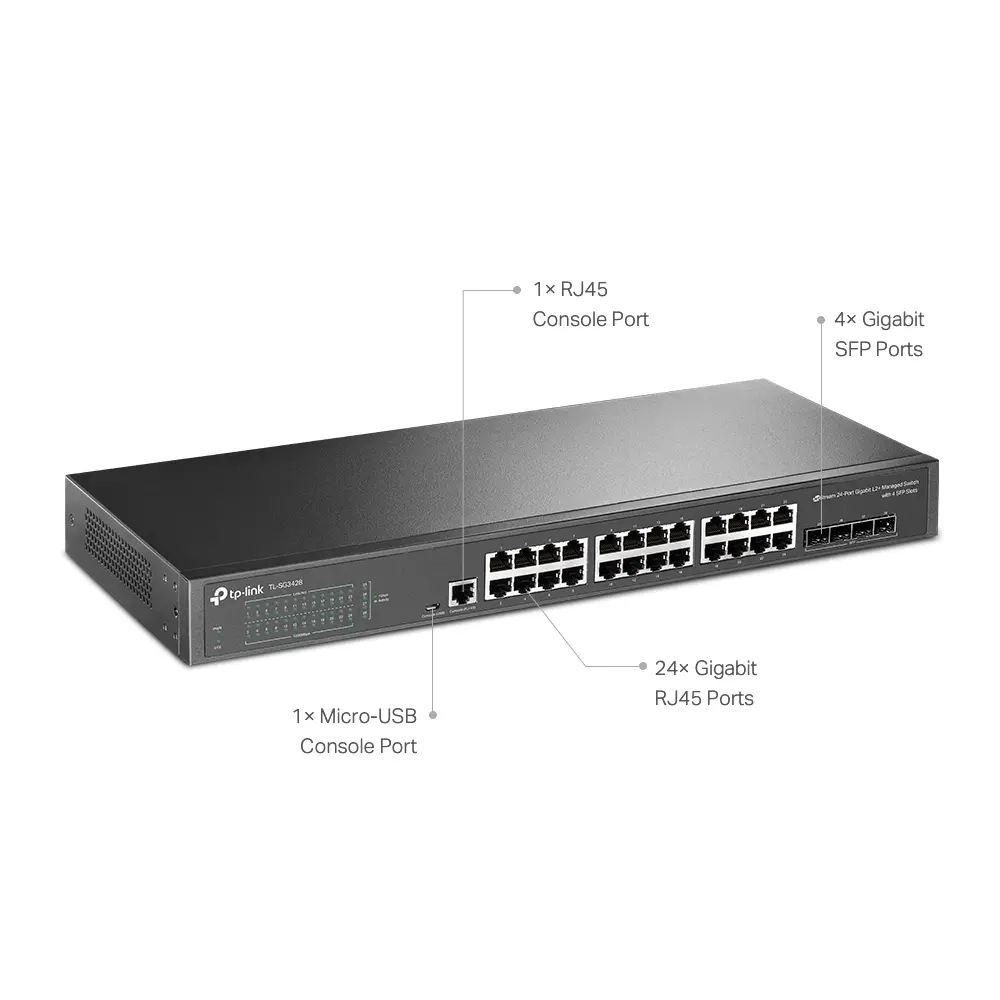TP-Link SG3428 Omada Switch Gigabit L2+ administrabil cu 24 de porturi și 4 sloturi SFP, 24× porturi Gigabit RJ45 și 4× sloturi Gigabit SFP, Omada - image 1