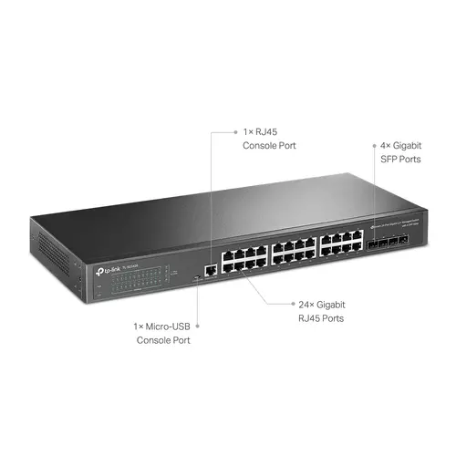 TP-Link SG3428 Omada 24-Port Gigabit L2+ Managed Switch with 4 SFP Slots, 24× Gigabit RJ45 ports and 4× Gigabit SFP slots, Omada APP, Static Routing, VLAN, ACL, QoS, IGMP Snooping, OAM, DDM, ERPS, Fanless, 1U, Zero-TouchProvisioning, ERPS - image 1