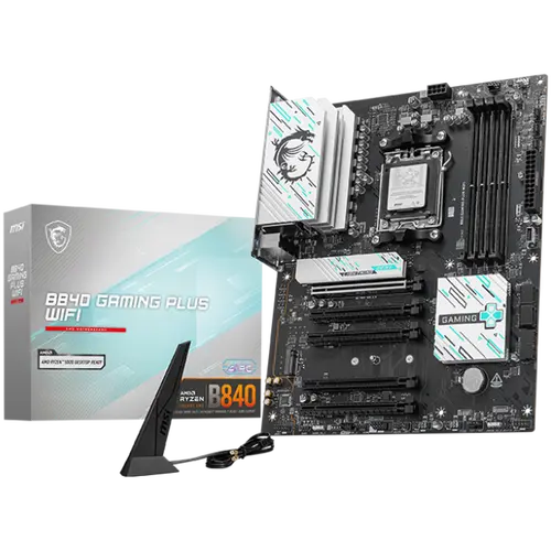 MSI B840 GAMING PLUS WIFI, ATX, Socket AM5, 4x DDR5 Dual Channel DDR5 up to 8000(OC)MHz, 5x PCIe x16 slot, 2x M.2 slot, 4x USB 2.0, 2x USB 5Gbps, 1x USB 10Gbps, 1x USB 10Gbps Type-C, HDMI, 7.1 HD Audio, 2.5G LAN, WiFi, BT, 3Y