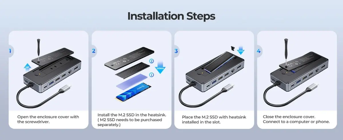 Orico σταθμός σύνδεσης φορητός M.2 SATA/NVMe - HDMI, USB3.2-A x 1, USB-C (10Gbps) x 1, USB-C (PD100W), USB2.0-A x 2, LAN - OM28PR-G2-BK - image 10