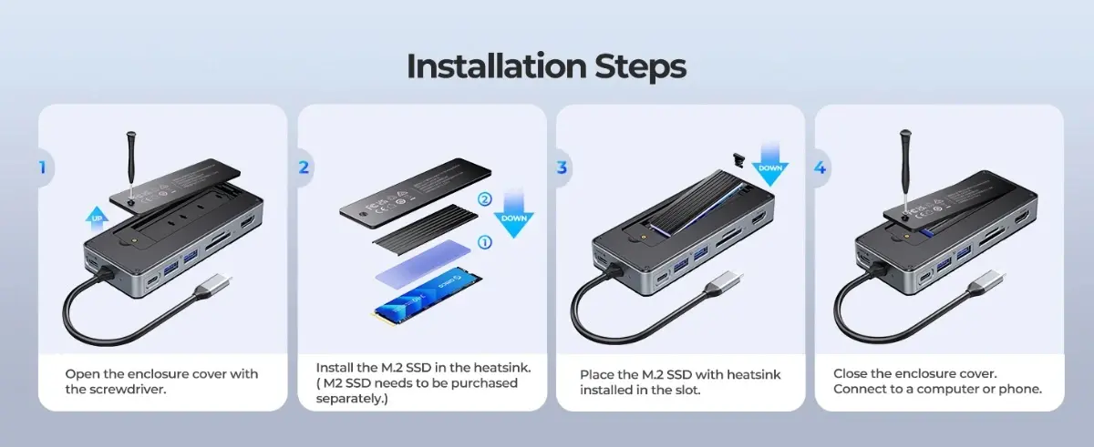Orico докинг станция Portable Docking station M.2 SATA/NVMe - HDMI, USB3.2-A x 2, USB-C (10Gbps) x 1,USB-C (PD100W), SD/TF - OM28P-G2-BK - image 7