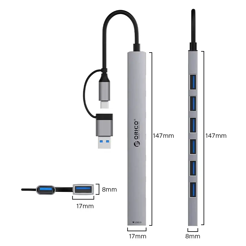 Orico хъб HUB USB-C/USB-A 7 port - USB3.0 x 1, USB2.0 x 6 - YSA2-U3-GY - image 1