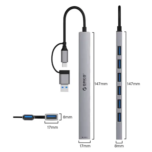 Orico hub HUB USB-C/USB-A cu 7 porturi - USB3.0 x 1, USB2.0 x 6 - YSA2-U3-GY - 2