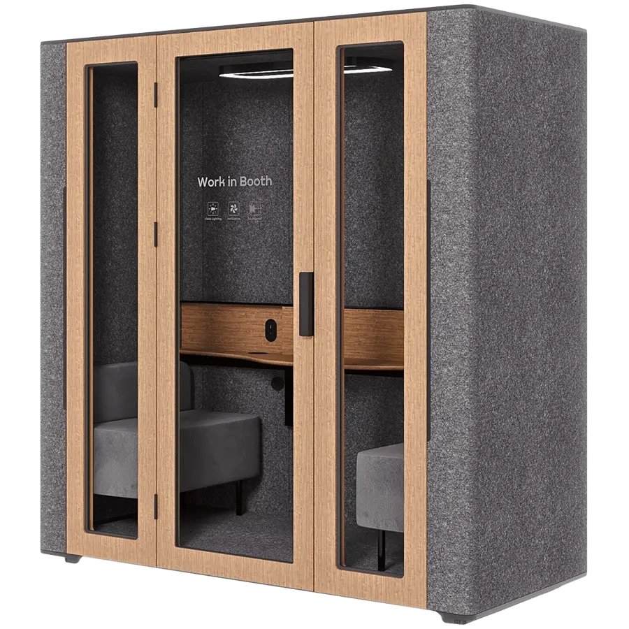 WORKBOOTH Two Comfort Acoustic booth with Media hub integration spot, Blind, Light grey felt, natural oak, Jazz Graphite fabric for sofa